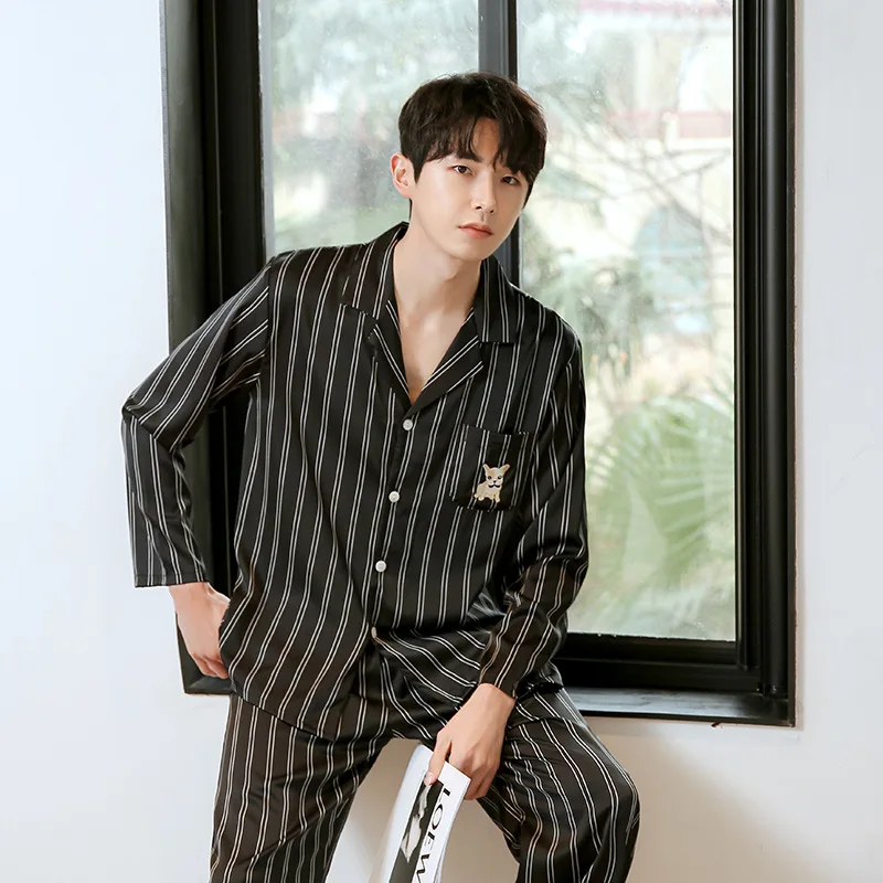 Ice silk couple pajamas women's spring and autumn new satin chiffon long-sleeved vertical cardigan home service large size men's