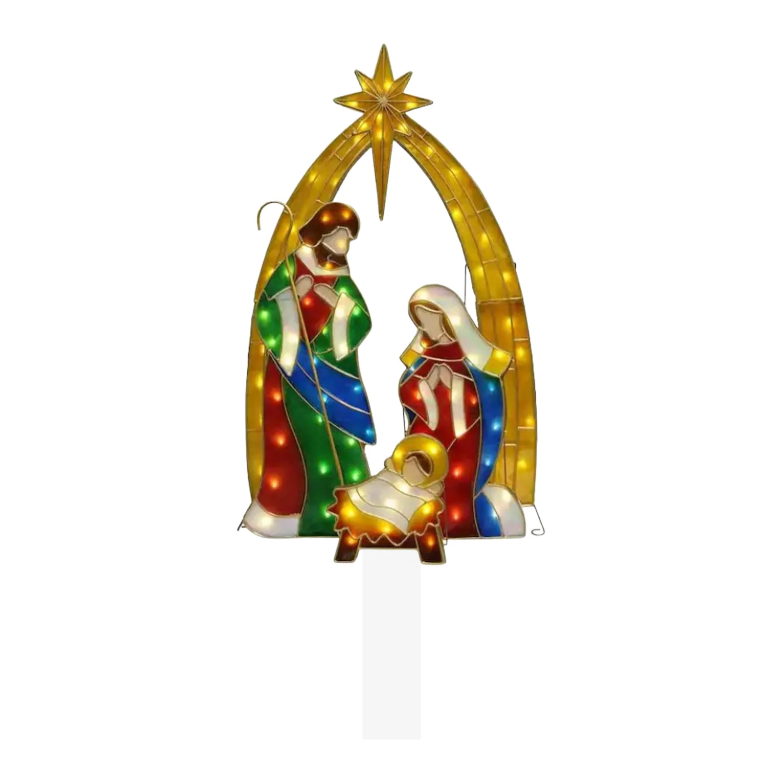 

Светящиеся рождественские знаки со священной семьей, уличные рождественские знаки со светящимися монетами на открытом воздухе