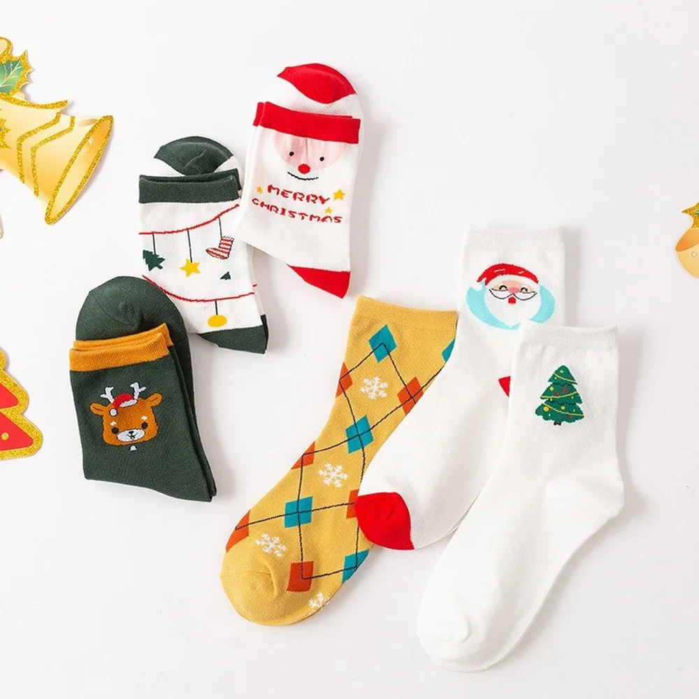 6 Pairs New Autumn and Winter Middle Tube Women Socks Fashion Cotton Cute Santa Claus Elk Snowflakes Christmas Cartoon Socks