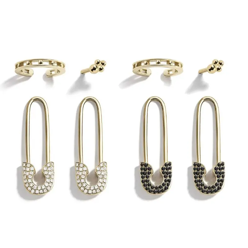 

4Pcs Punk Rock Shiny Crystals Safety Pin Shape Stud Earrings Set Ear Threader Hoop Studs Fashion Jewelry Unisex