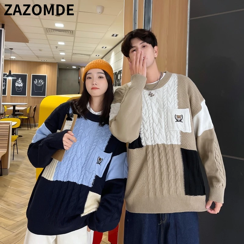

ZAZOMDE Winter Vintage Patchwork Knitted Sweater Korean Style O Neck Men Knit Jumper Harajuku Baggy Sweater Streetwear Knitwear