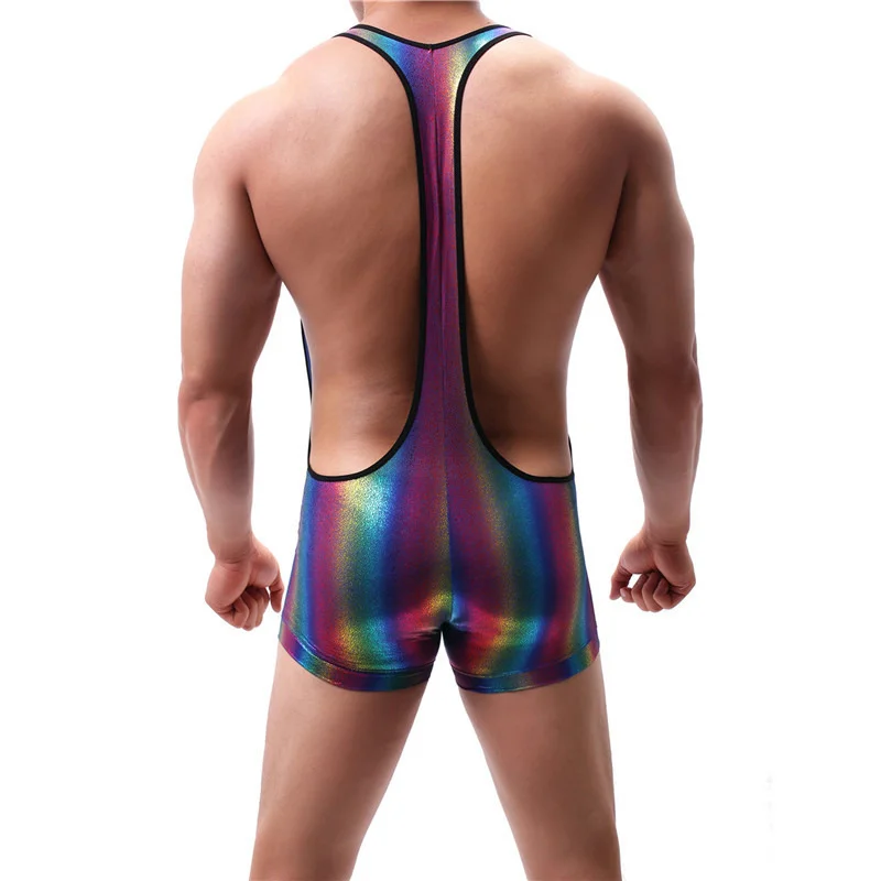 YUFEIDA Sexy Mens Faux Leather Undershirts Leotard Sport Bodysuit Jumpsuits Gay Rainbow Stripe Leather Wrestling Singlet Teddies