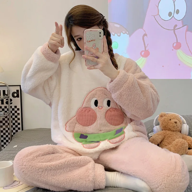 

Kawaii Губка Боб Патрик звезда Пижама комплект зимняя Мультфильм Плюшевая Экипировка коралловый флис женская пижама домашняя одежда