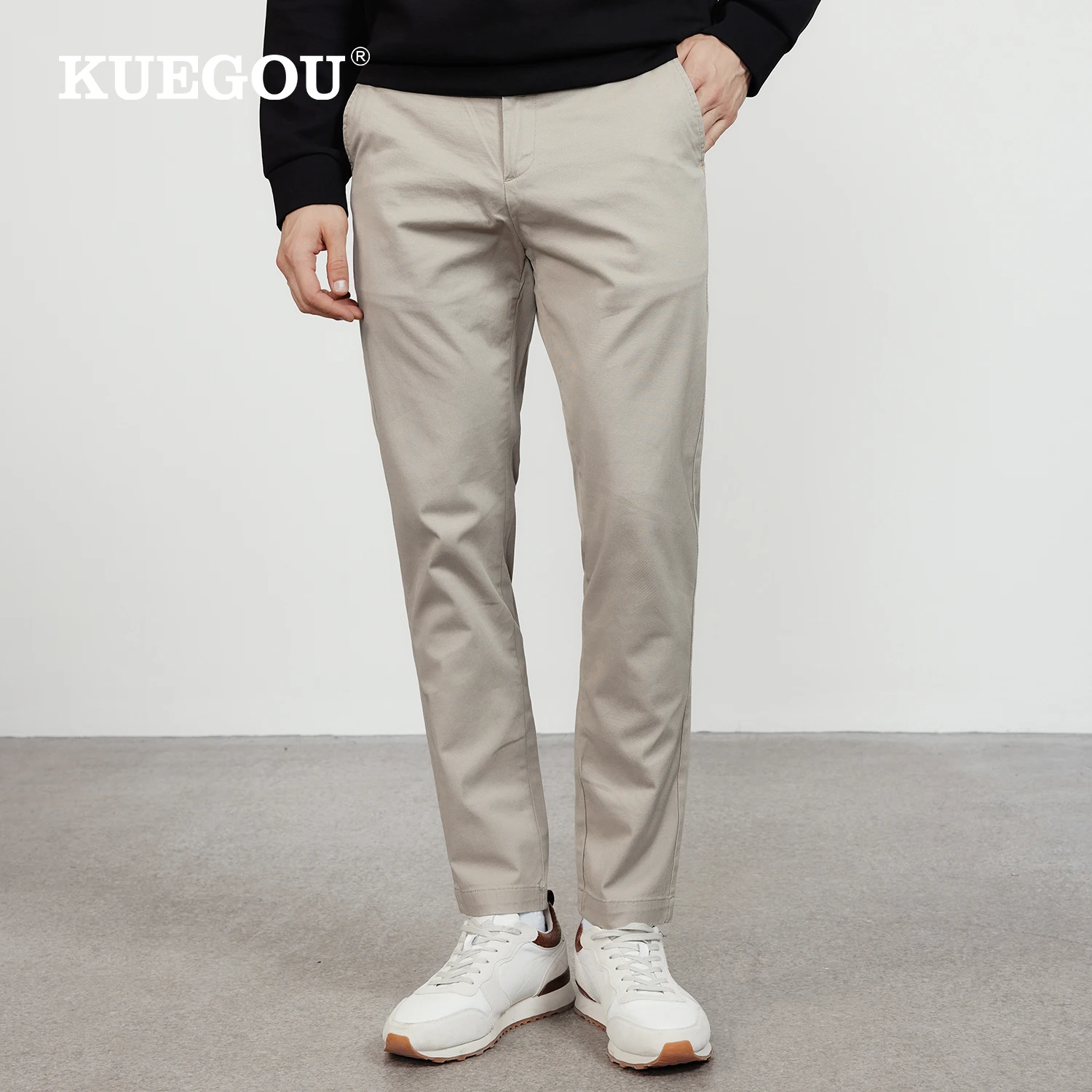 

KUEGOU 2022 Autumn Cotton Solid Black Casual Pants Men Classic Brand For Male Wear Work Straight New Pocket Long Trousers 3102
