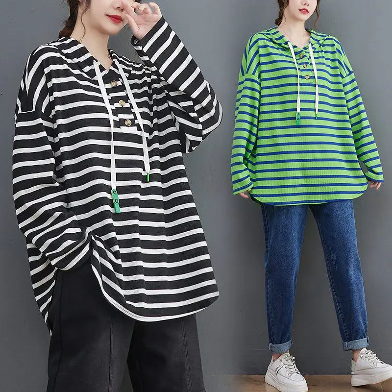 Женская толстовка с капюшоном в полоску, свободная приталенная кофта в стиле оверсайз, Модный пуловер, Повседневная Толстовка, модель T2006 на весну и осень, 2023