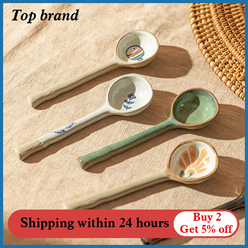 

Японская керамическая суповая ложка с длинной ручкой для рамен, лапши, супа, термостойкая столовая посуда
