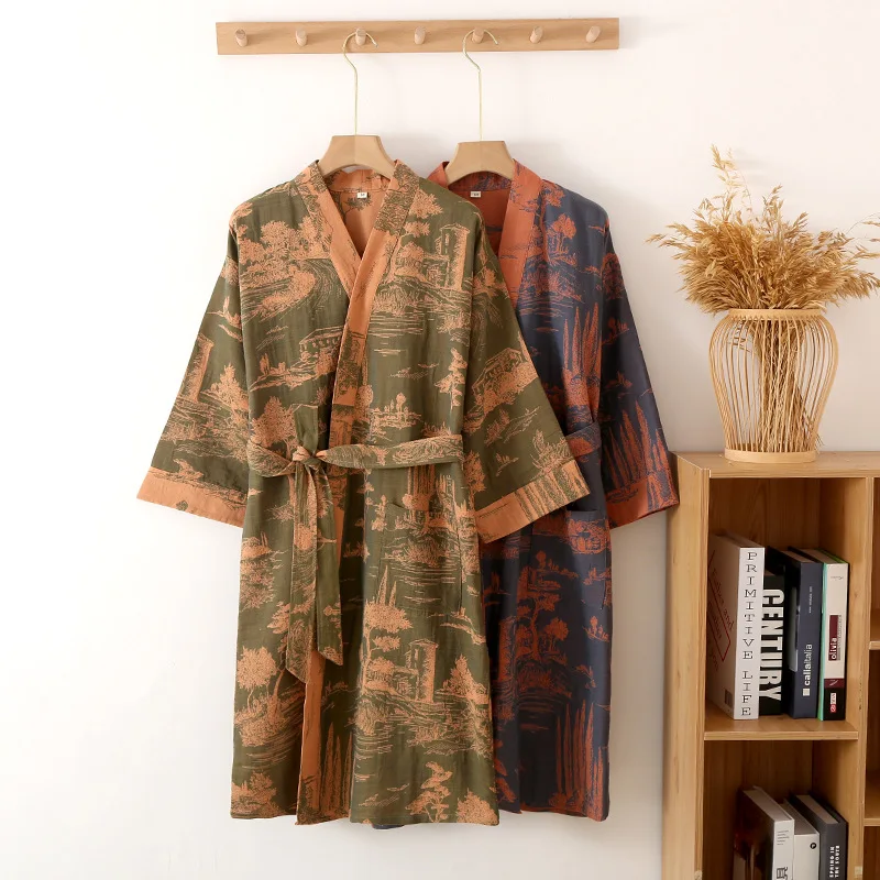 

Bathrobe For Men's And Spring Quarter Robes Long Three Cotton Robe Kimono Summer Style With Sleeve Printed Pajamas Belt Bath