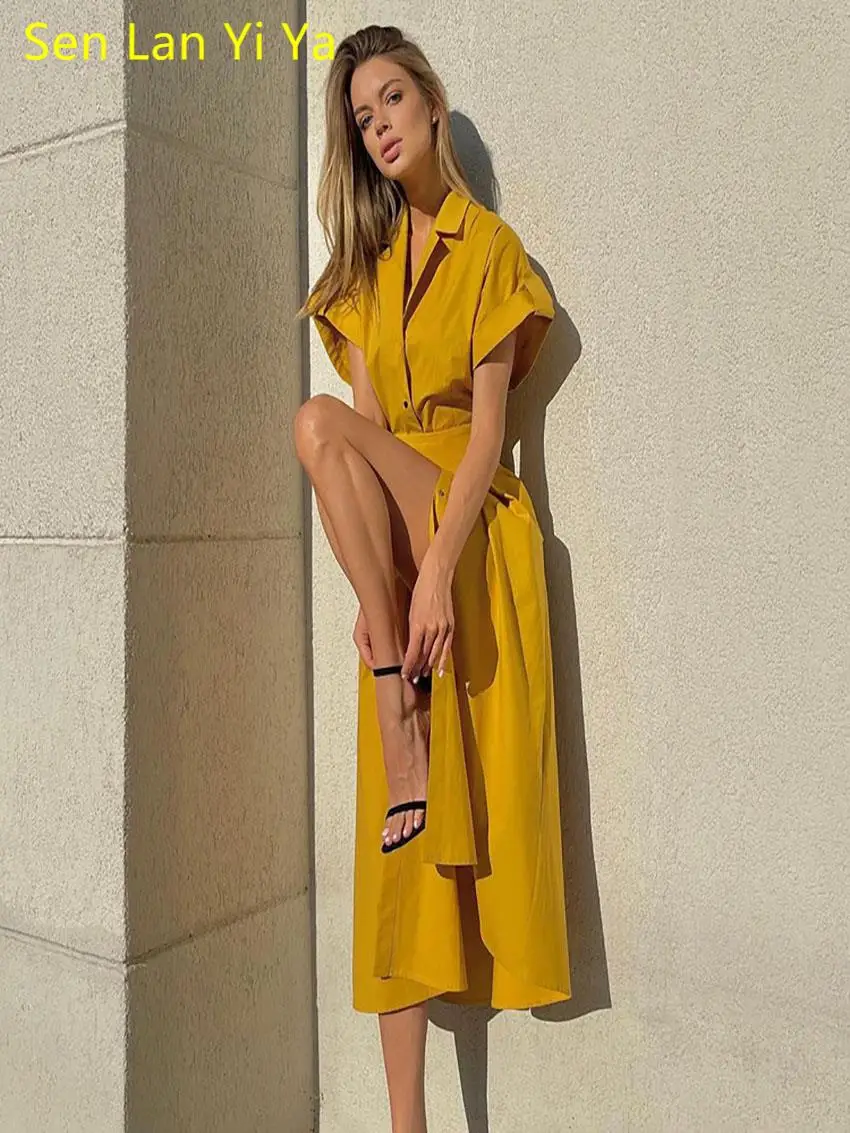 

Элегантное желтое платье-рубашка Sen Lan Yi Ya на шнуровке с V-образным вырезом, повседневное однобортное женское платье с коротким рукавом, летнее облегающее длинное платье