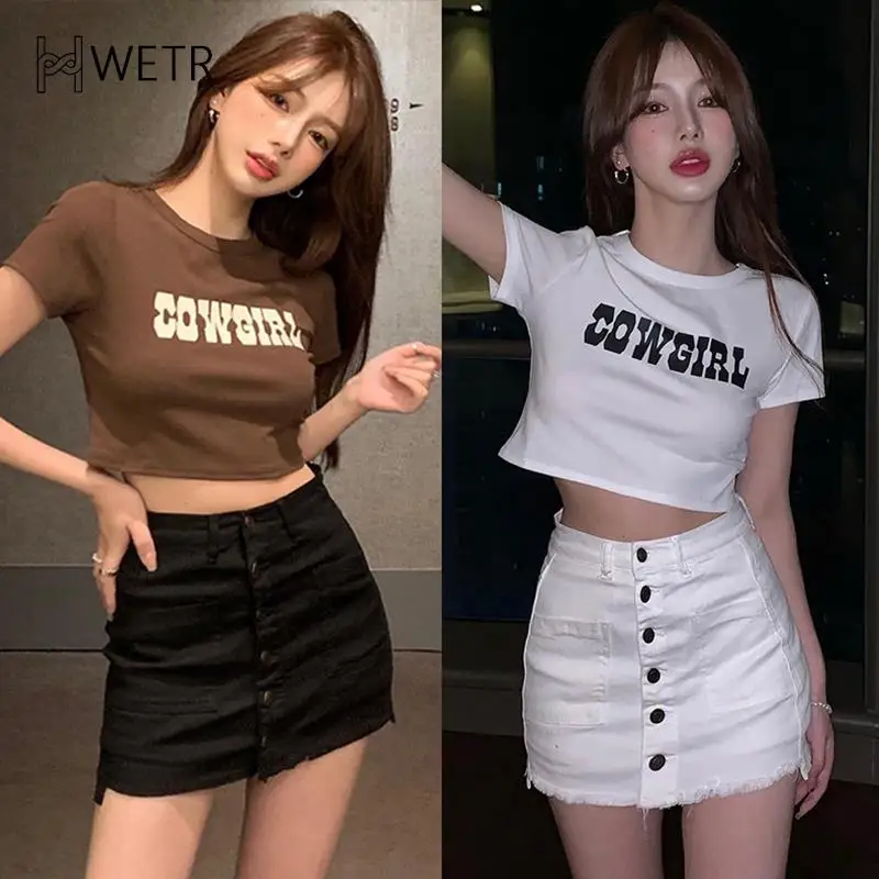 

Женские короткие футболки в стиле Харадзюку С буквенным принтом, Модный облегающий кроп-топ в Корейском стиле с коротким рукавом и круглым вырезом