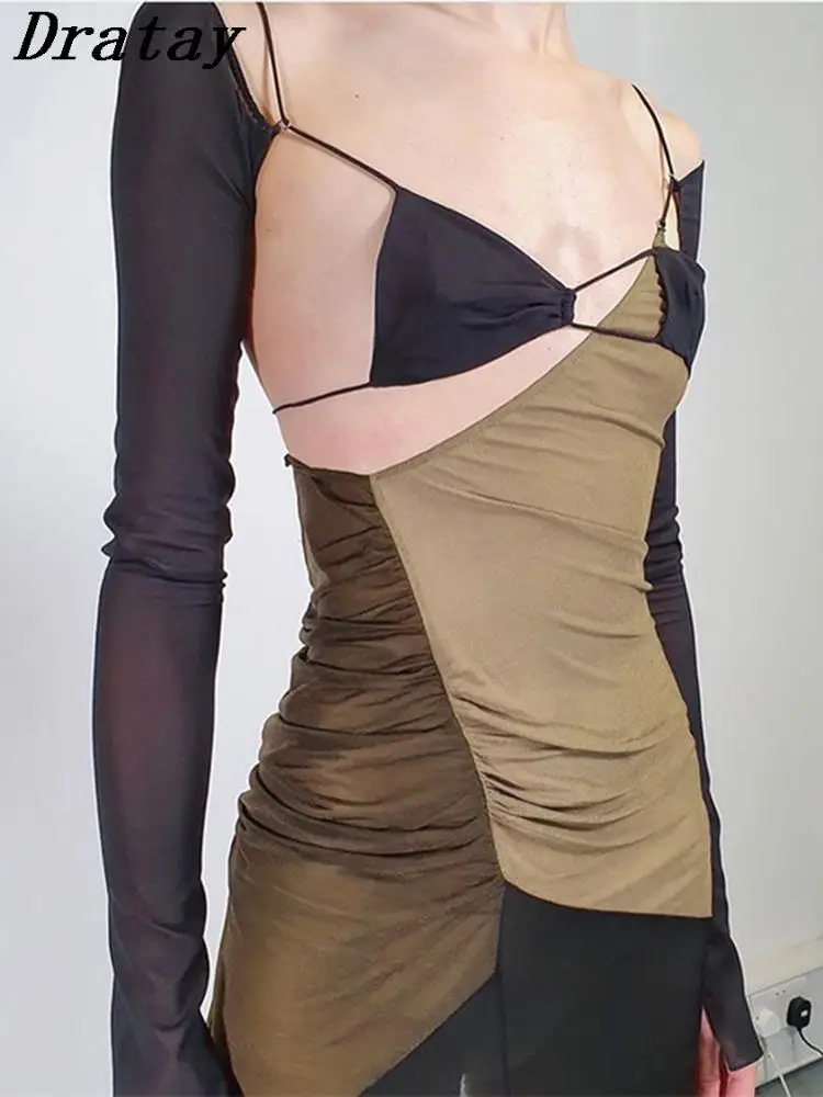 

Летние сексуальные платья Dratay в стиле пэчворк для женщин 2022 облегающее платье с длинным рукавом и открытой спиной женское черное вечернее м...