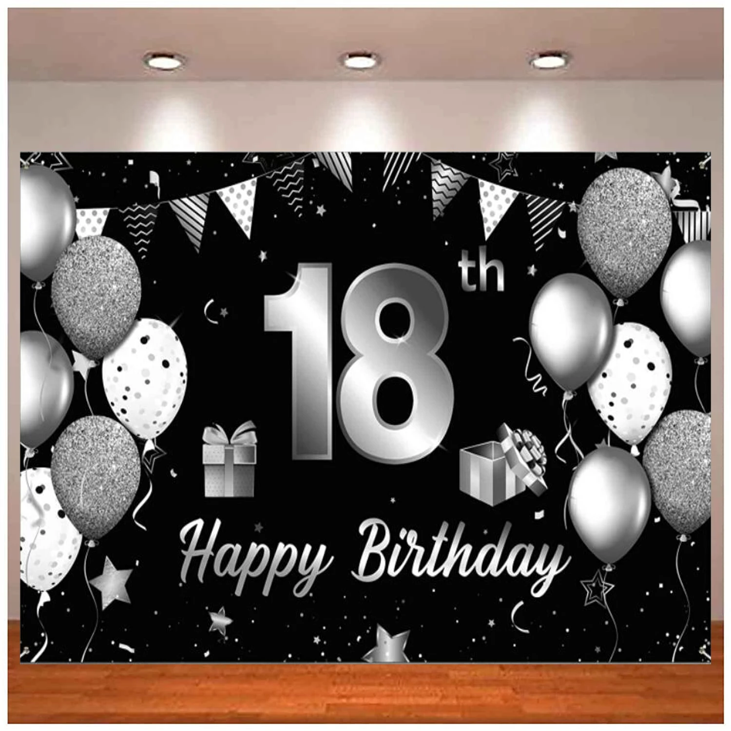 

Happy 18th Birthday Banner Photography Backdrop Sign Poster Black & White Background For Anniversary Party Decorations Supplies
