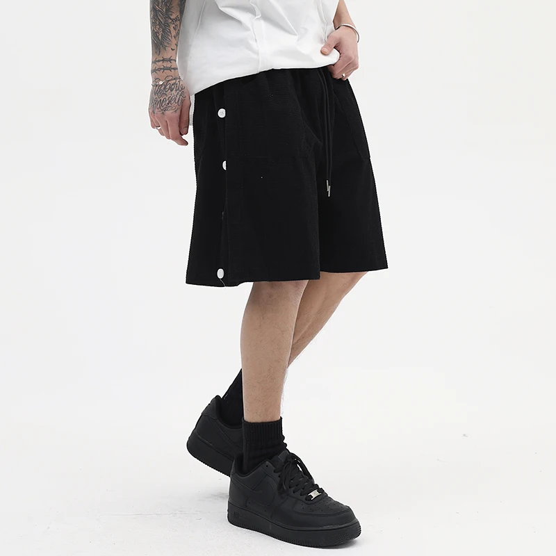 

Mens Shorts Hip Hop Retro Vibe Style Harajuku Loose Five Point Pants Oversized Side Button Drawstring Solid Color Summer
