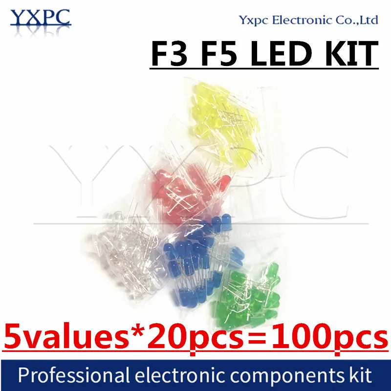 

5values*20pcs F3 F5 3mm 5mm LED Electronic kit Red Yellow Green White Blue Light Emitting Diode Water Clear Light Diodes Set