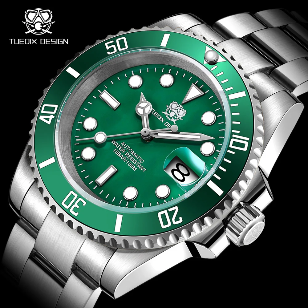 

TUEDIX SUB Diver Swim Japan NH35A 41mm Mechanical Men Watch Green Dial Jubilee Bracelet Date Glass Back Blue C3 Luminous