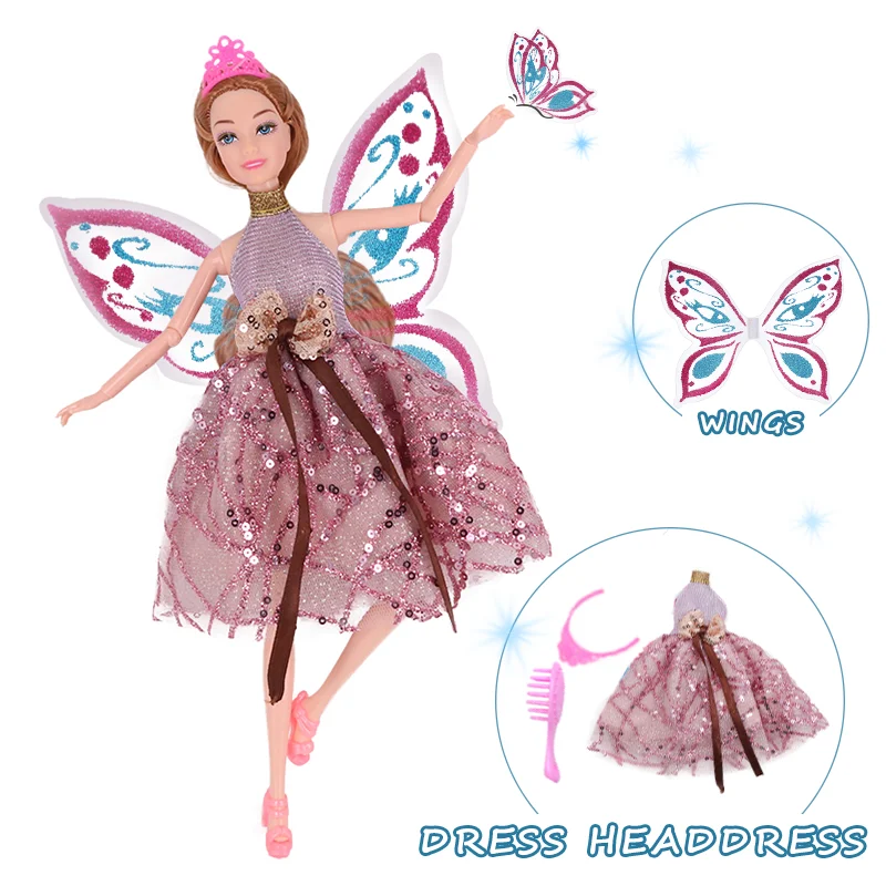 

30cm Original Fairy Princess Baby Dolls Wear Pink Sequin Dress Barbie Clothes Fashionistas Transparent Blue Wings Toys For Girls