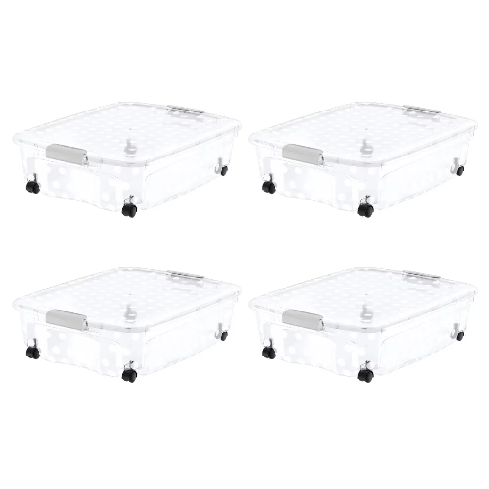 

Bella Storage 36.5 Quart Underbed Clear Polka Dot Plastic Latching Lid Tote with 360 Degree Swivel Wheels Set of 4