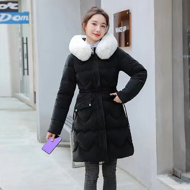 2022 Winter New Mid length Cotton Shirt Women's Korean version Knee length Slim fitting cotton jacket with warm fur collar down