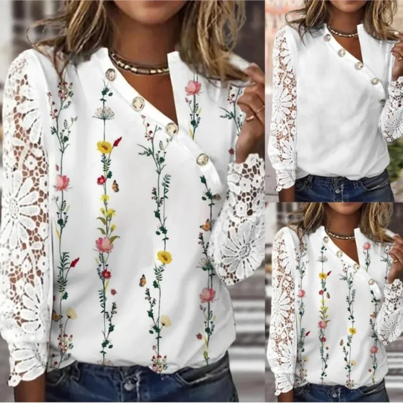 

Spring New Fashion Petal Sleeve Button Collar Printed Blusa Women Casual Lace Long Sleeves Blouse White Camisa Feminina Tops