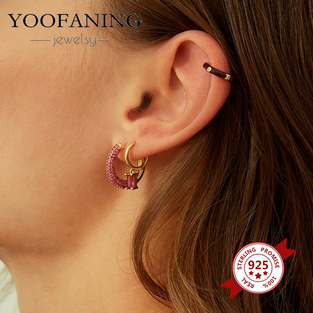 Фото Серьги YOOFANING, 1 шт., из стерлингового серебра 925 пробы, модные золотые серьги с разноцветными цирконами в форме сердца для женщин №3