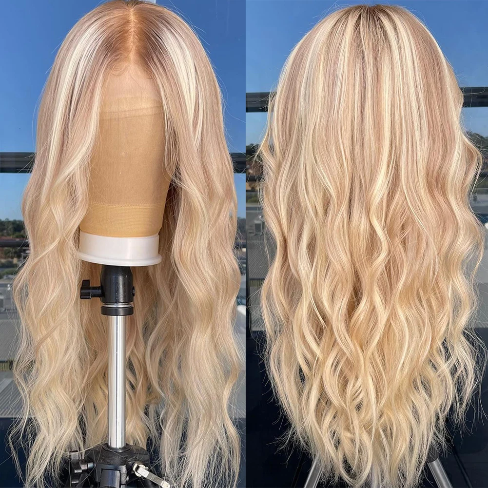 

Light Blonde Highlights Full Lace Human Hair Wigs for Women 13x6 HD Lace Frontal Wig Roots Loose Wave Wig PrePlucked Middle Part