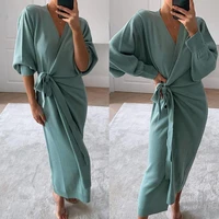 2021 sexy women autumn winter solid color long sleeve knitted wrap belt dress maxi robe womens clothing party dresses vestidos