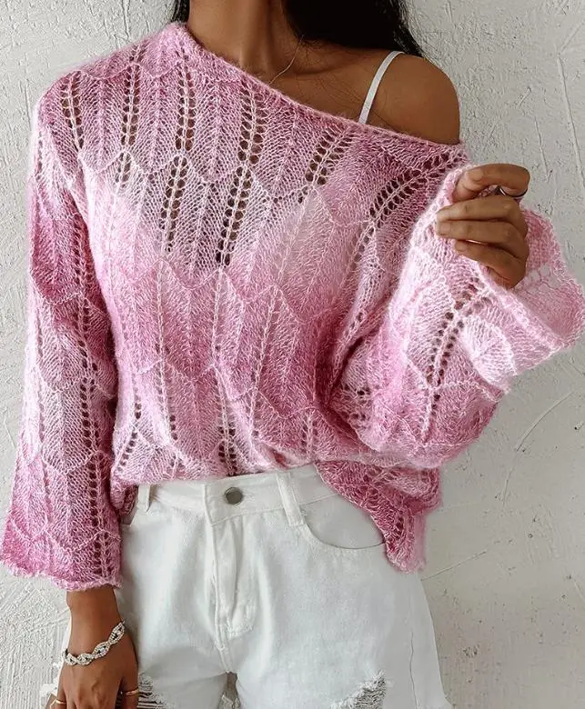 

Casual Ombre Hollow Out Skew Neck Knit Sweater Acrylic 2023 New Fashion Long Sleeve Top Female Tie Dye Slight Stretch Blouses