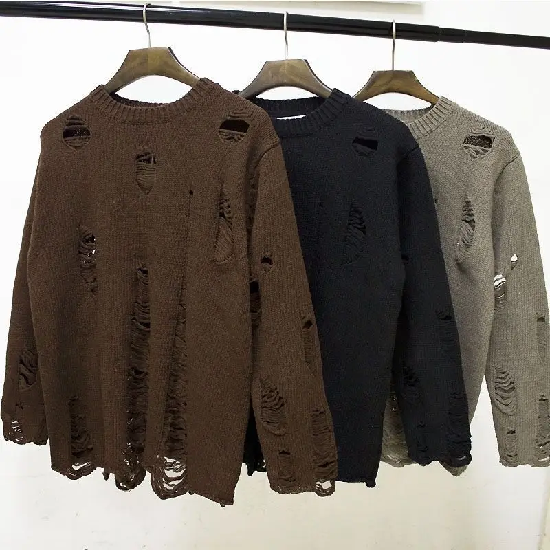 Мужская и женская уличная одежда пуловеры в стиле хип-хоп рваные вязаные свитера
