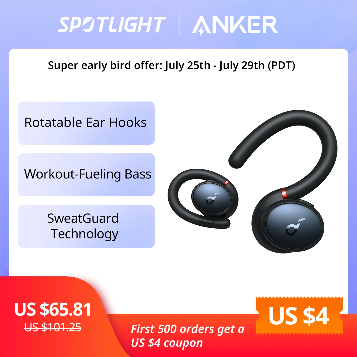  Наушники Anker Soundcore Sport X10 Bluetooth 5,2, спортивные вращающиеся наушники с глубокими басами, IPX7 водонепроницаемые спортивные наушники-вкладыш…