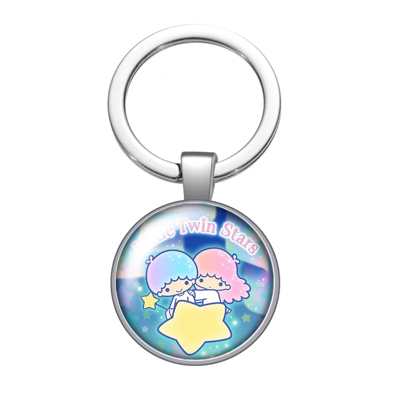 MINISO Little Twin Stars Cute Cartoon Photo cabochon key chain Ring Holder Charms silver color pendant for Kid