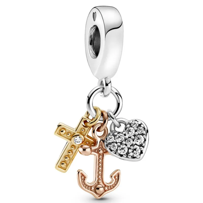 

Original Triple Tone Cross Heart Anchor Dangle Beads Charm Fit Pandora Women 925 Sterling Silver Bracelet Bangle Jewelry