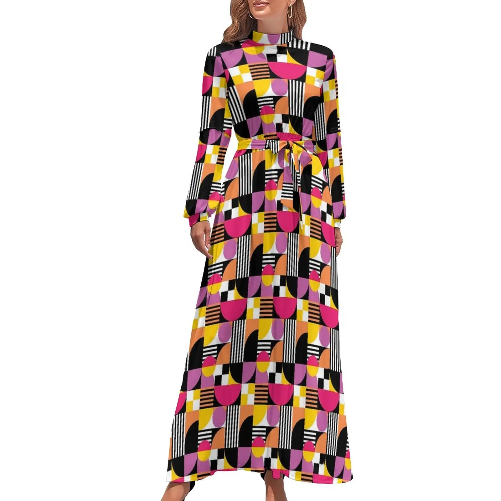 

Mid-Century Geo Print Dress Shapes And Stripes Stylish Bohemia Dresses Womens Long Sleeve High Waist Vintage Long Maxi Dress