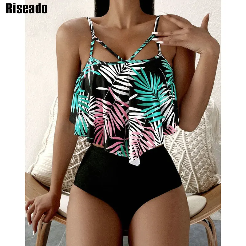 

Riseado High Waist Bikini Set Leaf Print Swimwear Women 2022 Hanky Hem Swimsuits Women Bathing Suits Cut Out Biquinis Beachwear