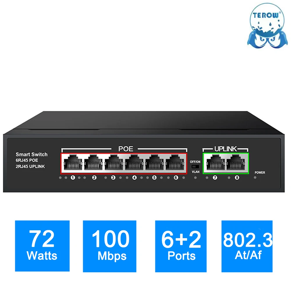 

TEROW POE Switch Full Gigabit 8 Ports 100Mbps Network LAN RJ45 Hub Smart Ethernet Switcher 72W for IP Camera/Wireless AP/WiFi