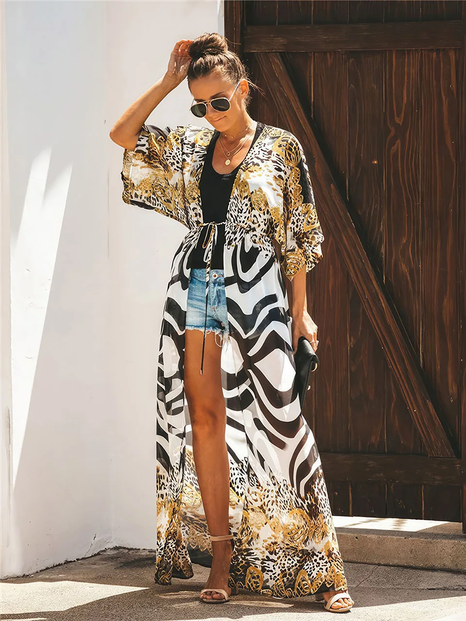 

Leopard Print Beach Kimono Bikini Cover Up for Women Tunic Pareo Dress Cape 2023 Summer Woman Swimsuit Beachwear Robe