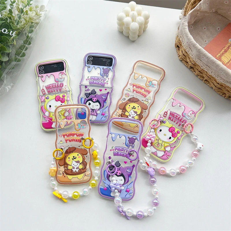 

Sanrio Hello kitty Pom Pom Purin New Wavy Hand Chain Phone Case For Samsung Galaxy Z Flip 3 4 5G ZFlip3 ZFlip4 Flip3 Flip4 Cover