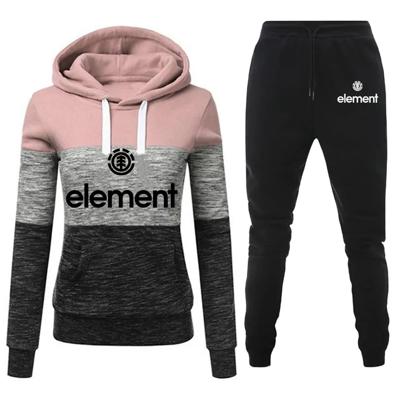Novo agasalho feminino elemento hoodies moletom + calças 2 peças define pulôver com capuz correndo calças roupas femininas