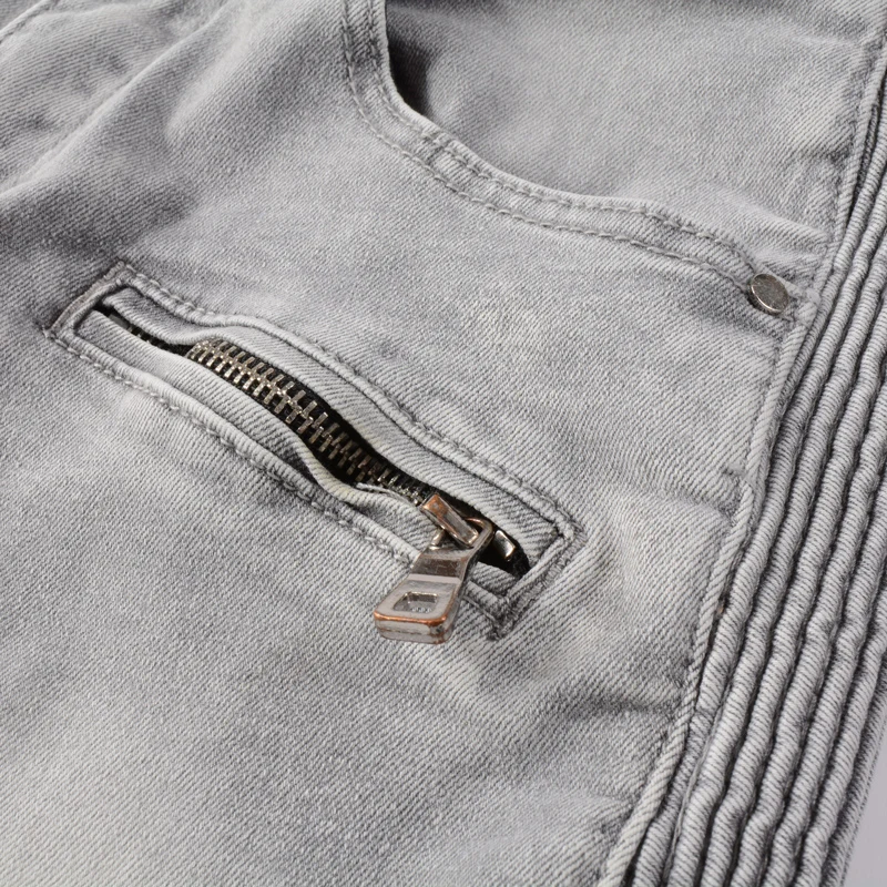 Fashion Streetwear Men Jeans Retro Gray Elastic Slim Fit Spliced Designer Biker Jeans Homme Hip Hop Brand Denim Punk Pants Men