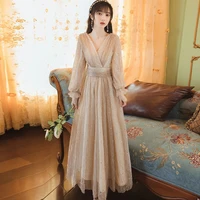 women gowns long sleeves v neck elegant crystal dresses female new fashion apricot long tulle sequins a line formal party dress
