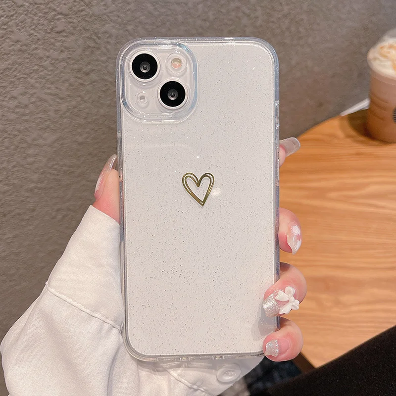 

Clear Glitter Love Heart Phone Case For iPhone 11 12 13 14 Pro Max X XR XS Max 7 8 Plus SE20 Lens Protection Soft TPU Back Cover