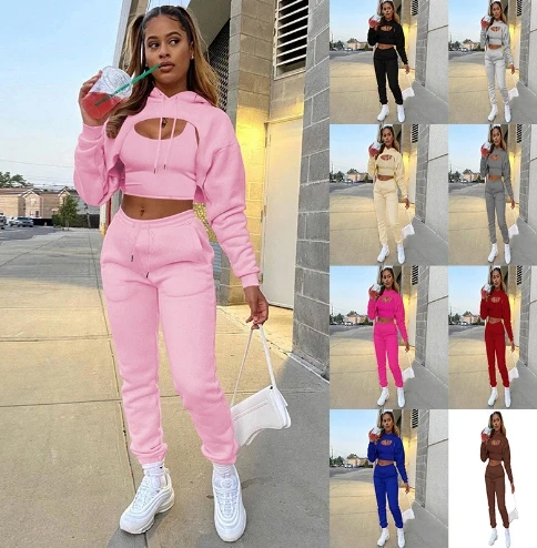 Женский комплект из 3 предметов плюшевый укороченный топ с капюшоном толстовка