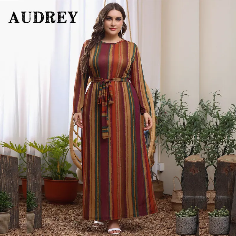 

Элегантное платье со шнуровкой в полоску, ретро-платье для вечерние, роскошное модное свободное платье миди с длинным рукавом, женское осеннее платье 5xl 2022
