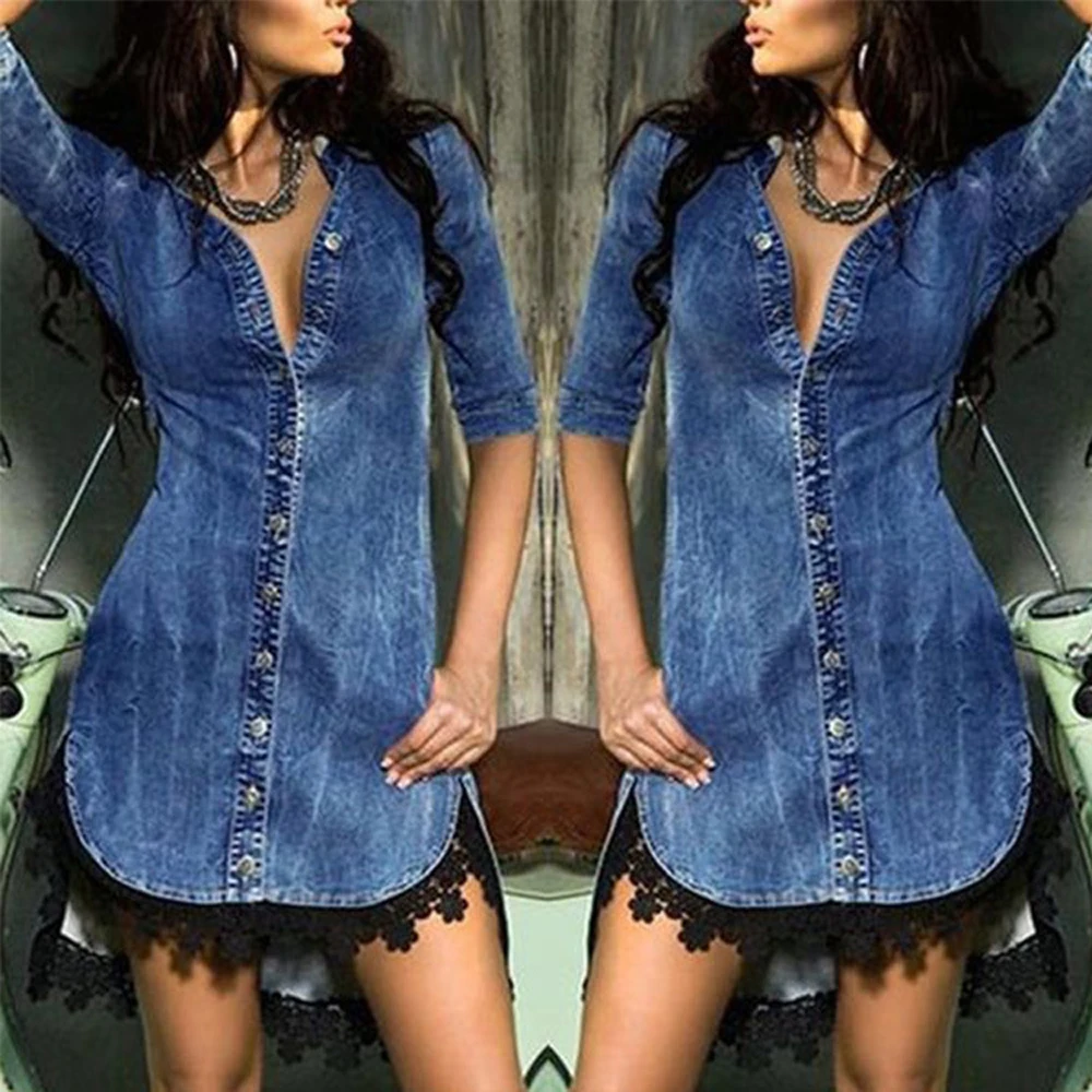 

V Neck Women Denim Dress Single Breasted Cowgirl Solid Shirt Five Point Sleeve Lace Irregular Dress Women Causal Office Dress