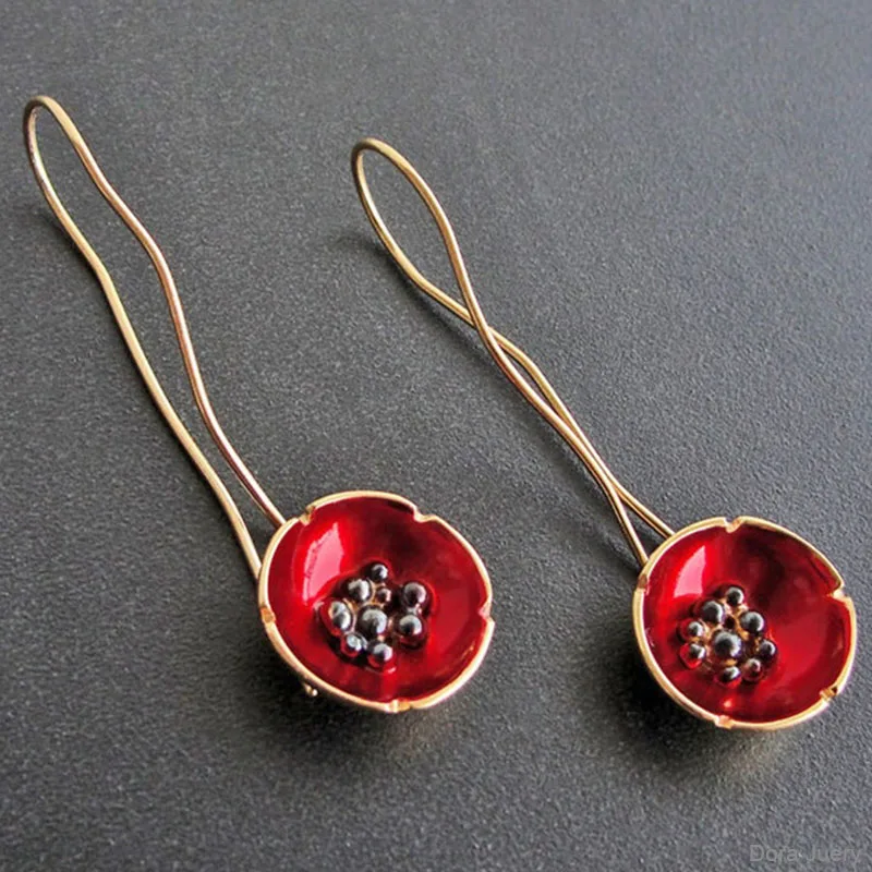 

Exquisite Red Enamel Flower Drop Dangle Earrings for Women 2022 New Jewelry Gold Color Twist Long Hook Earrings Pendientes