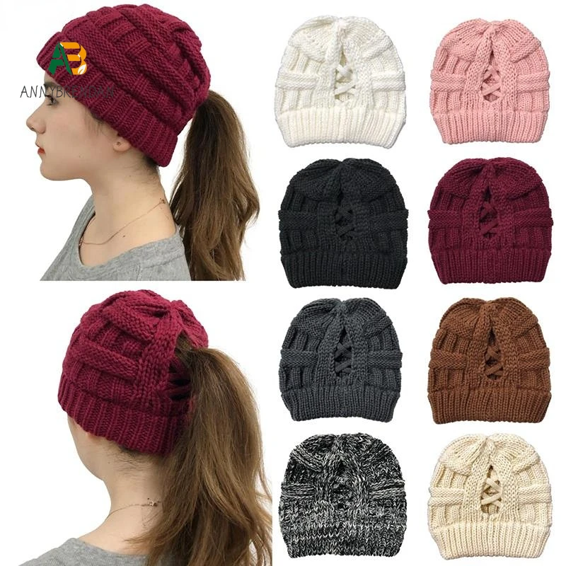 

Women Wool Knitted Hat Autumn Winter Warm Beanies Caps Casual Knitting Skullcap Female Soft Ponytail Cap Fashion Skullies Hats