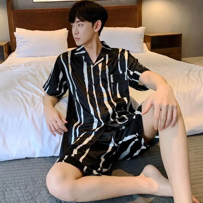New men's pajamas summer short-sleeved ice silk black and white striped home service suit imitation silk plus size