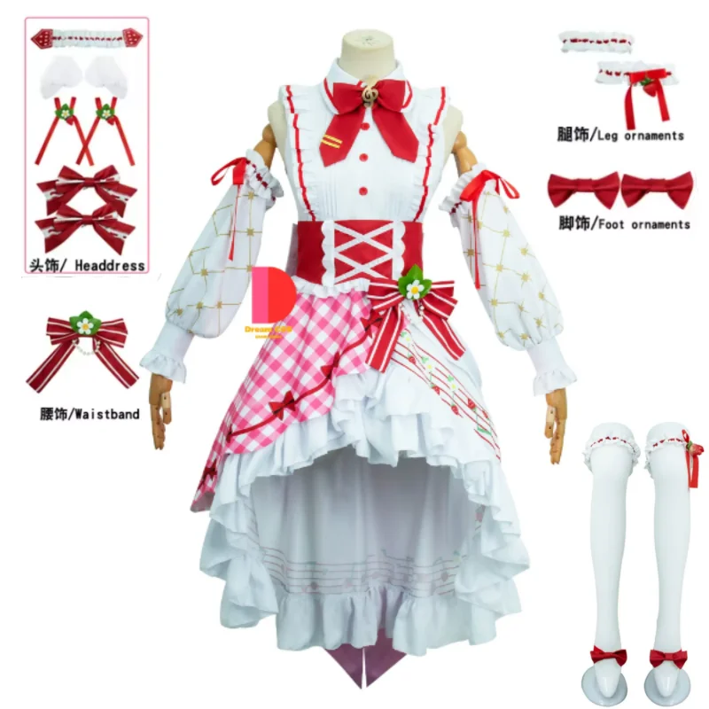 Мику Косплей Костюм Аниме Клубничное Платье Головной Убор Носки Cos Хэллоуин