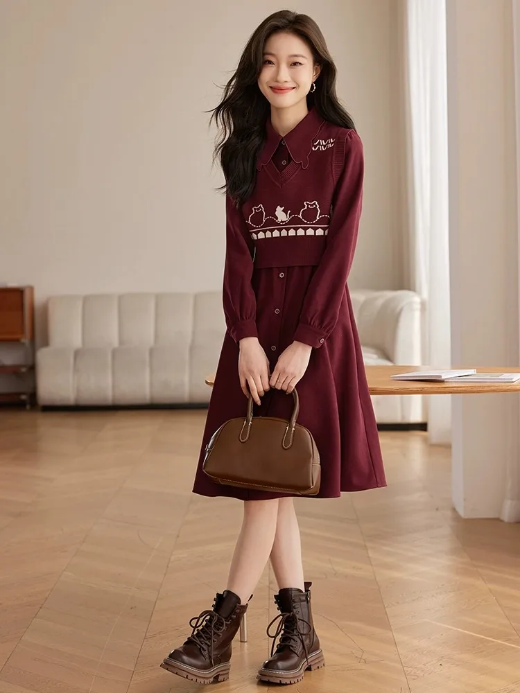 Xiworld 2024 Autumn and Winter New Red Graceful Jacquard Sweater vest Shirts Dress Two-piece Suit Women