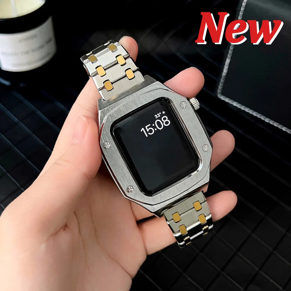 Дешево Ремешок металлический для Apple Watch Series 7 44 мм 45 мм, люксовый браслет из нержавеющей стали для IWatch 44 654 SE, комплект для модификации «сделай сам»