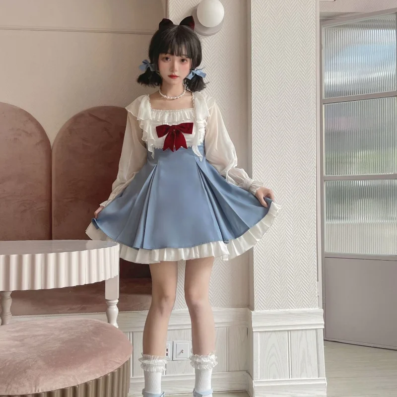 

Blue Sweet Lolita Dress Women Patchwork Bow Kawaii Praty Mini Dress Female Casual Korean Fashion One Piece Dress 2022