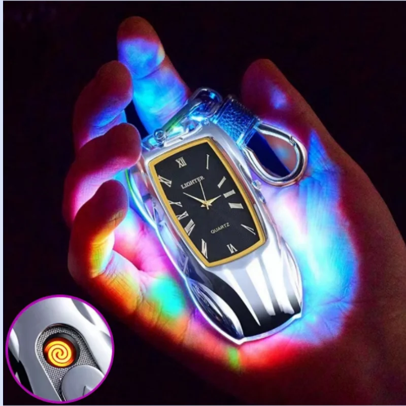 

Creative Real Watch Colorful Light Dial USB Charging Lighter Metal Portable Keychain Tungsten Wire Ignition Smoking Accessories